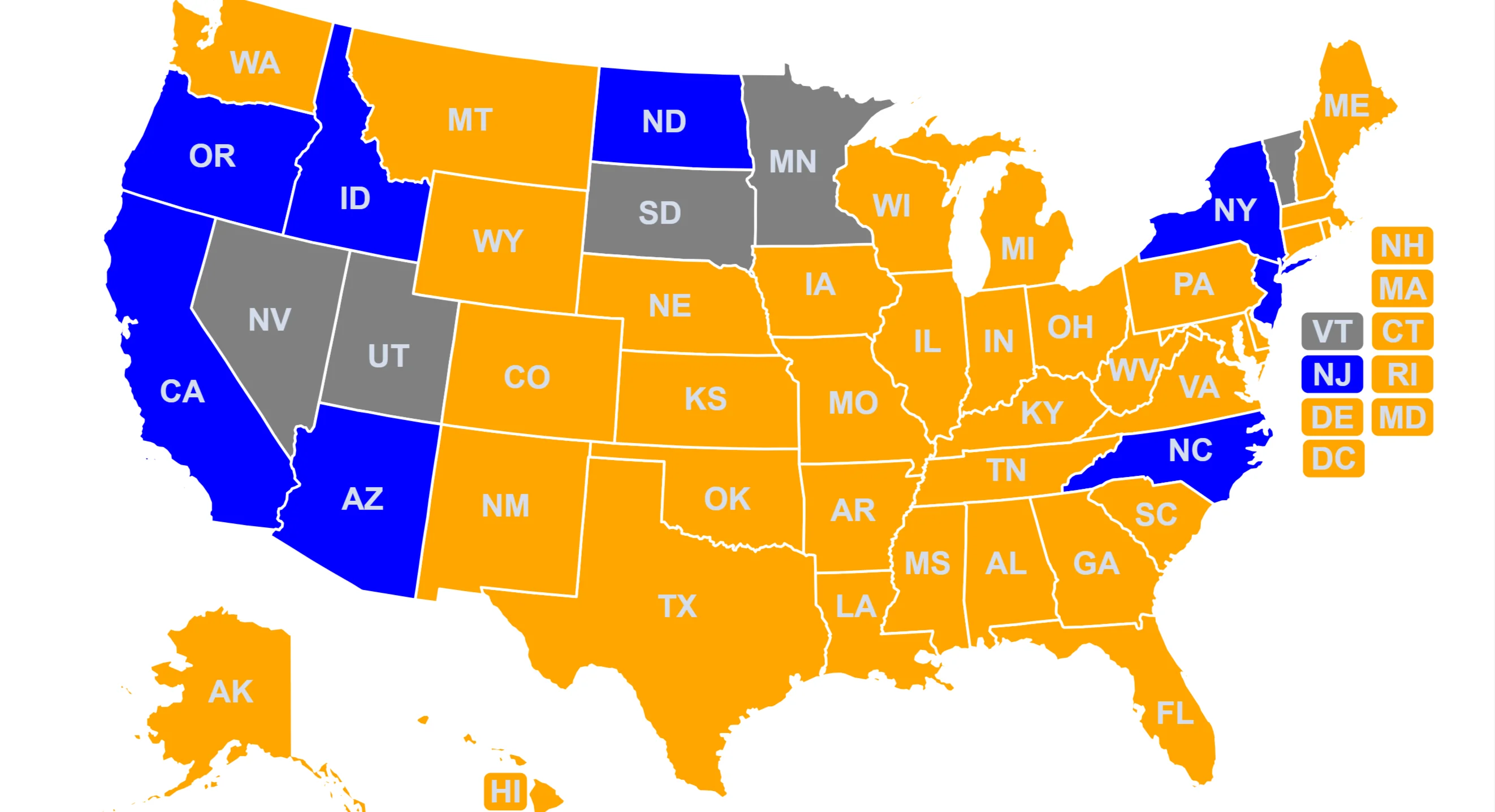 Map of the United States showing states currently served by Saving Grace Funding LLC, highlighted in orange